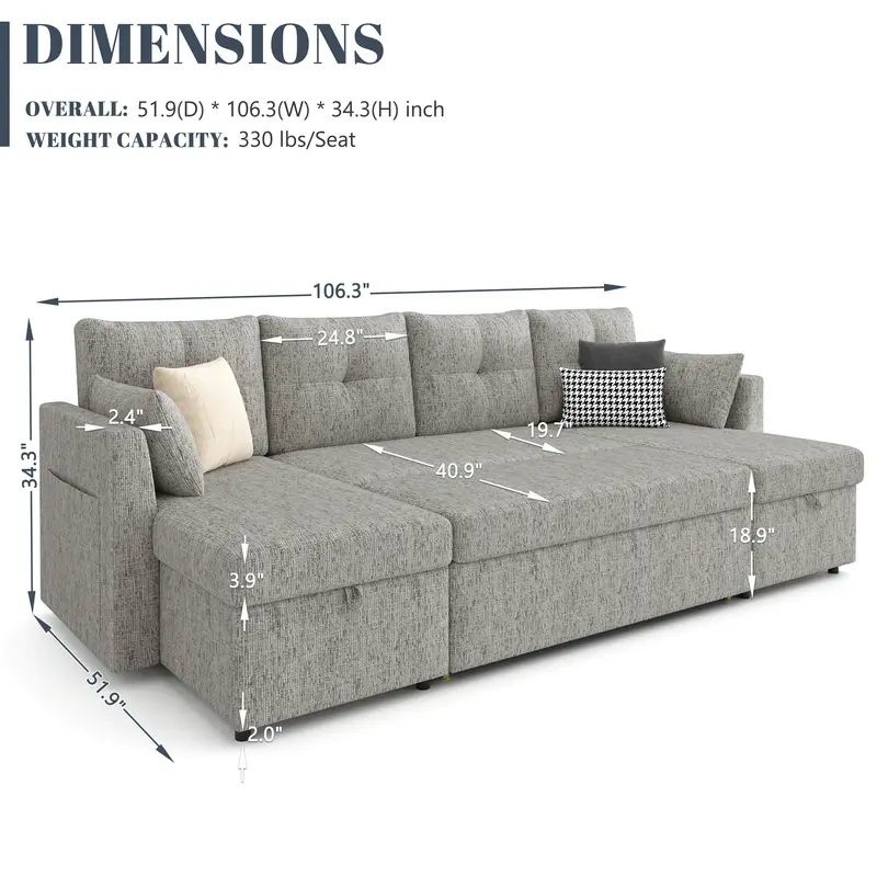 Oversized Sleeper Sofa Couch, 106 inch + 5 Free Pillows – My Store